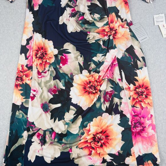 Eliza J Dress Womens 14W Blue Floral Bodycon Ruched Side Sheath Mother Bride - Picture 6 of 16